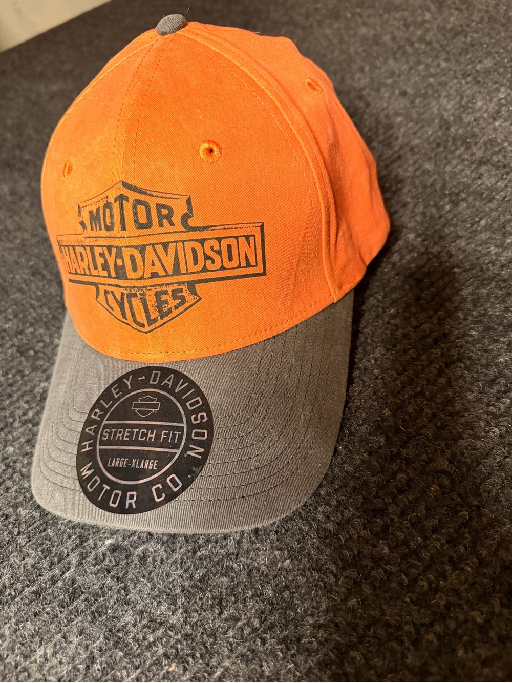 Harley-Davidson Orange Gray Stretch Fit Baseball Hat L/XL Bar & Shield Moto Cap